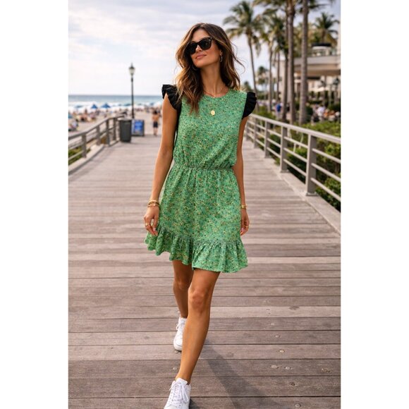 Veronica Beard Silk Floral Ruffle Mini Dress Green Size 8 - Picture 9 of 15